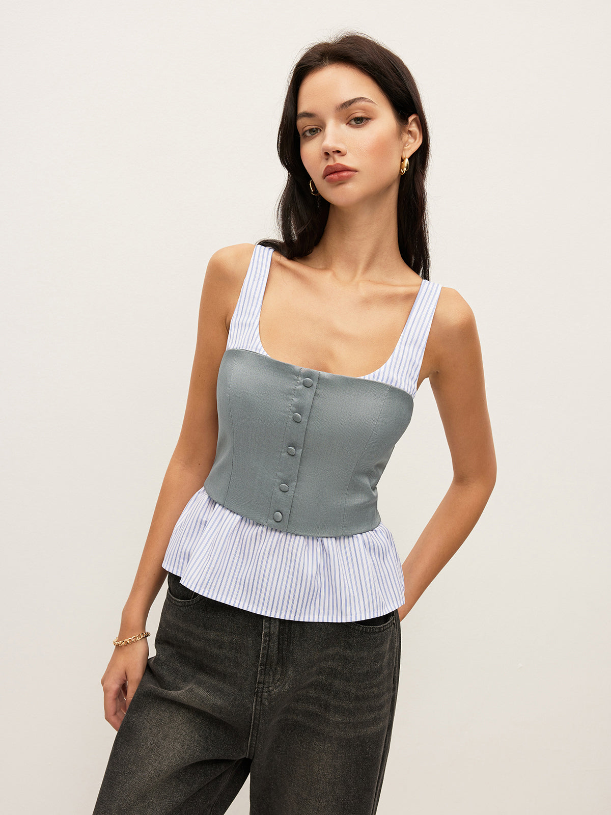 Çizgili Ve Düz Peplum Düğmeli Üst