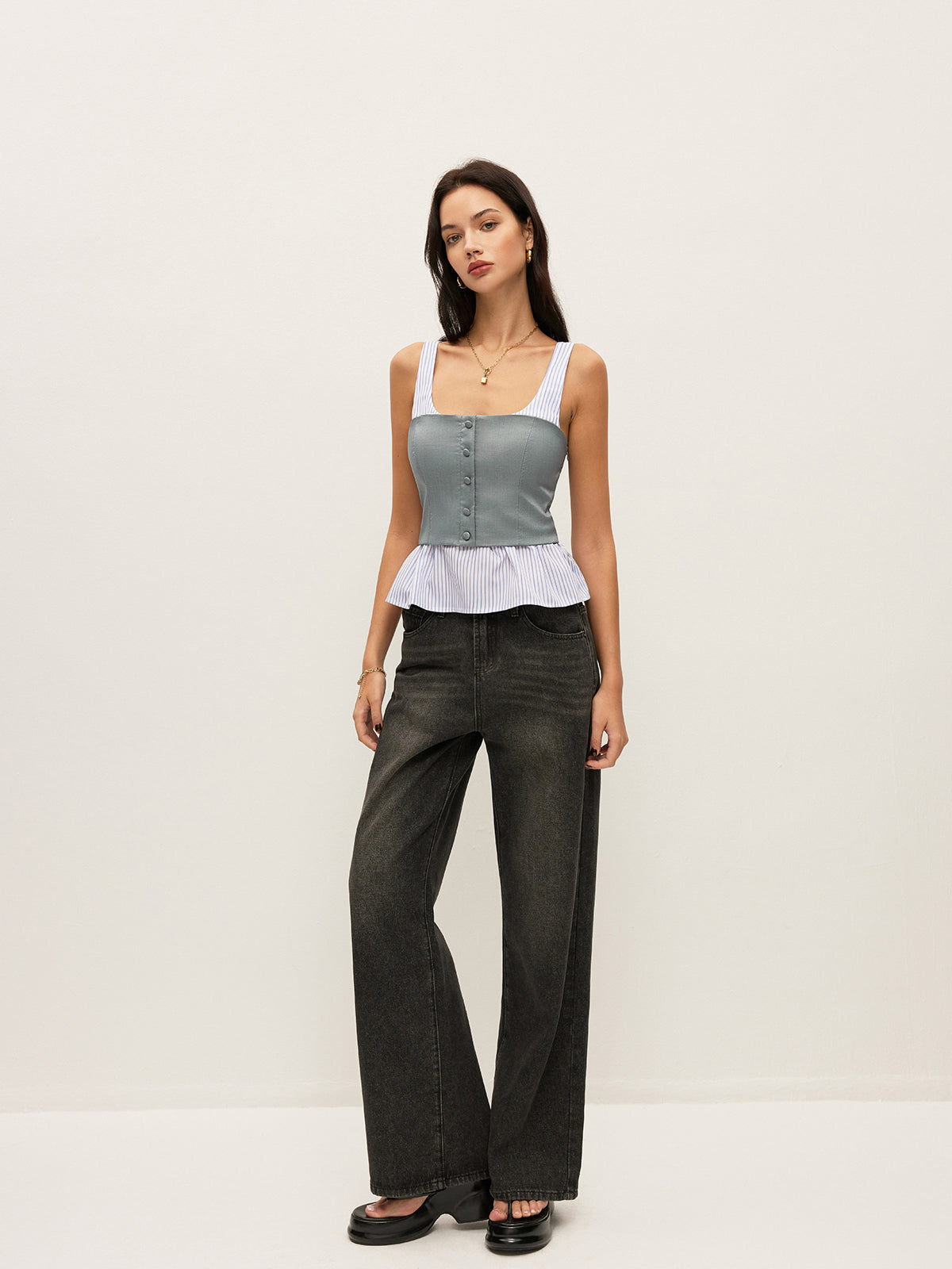 Çizgili Ve Düz Peplum Düğmeli Üst