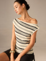 Asimetrik Omuz Açık Çizgili Örgü Üst