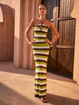 Çizgili Askılı Sırtı Açık Örme Uzun Elbise