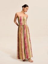 Renkli Çizgili Straplez Pamuklu Uzun Elbise