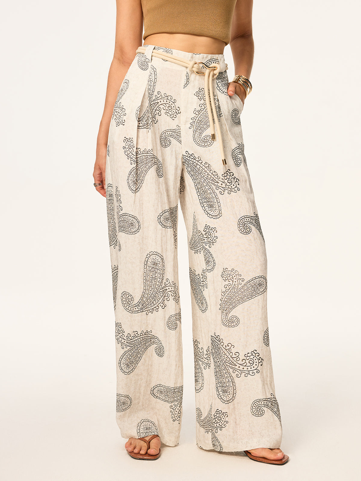 Kemersiz Boho Desenli Geniş Paça Pantolon