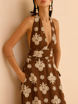 Çiçek Desenli Cepli Askılı Uzun Elbise
