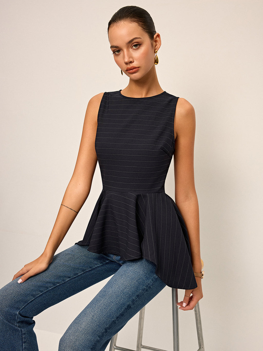 Çizgili Peplum Etek Kolsuz Üst