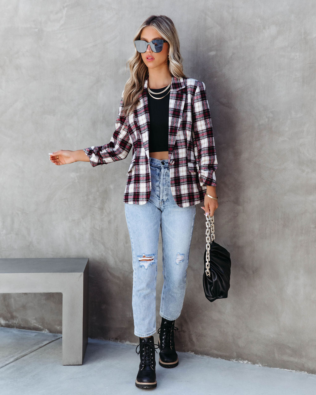 Big Apple Dreams Pocketed Plaid Blazer
