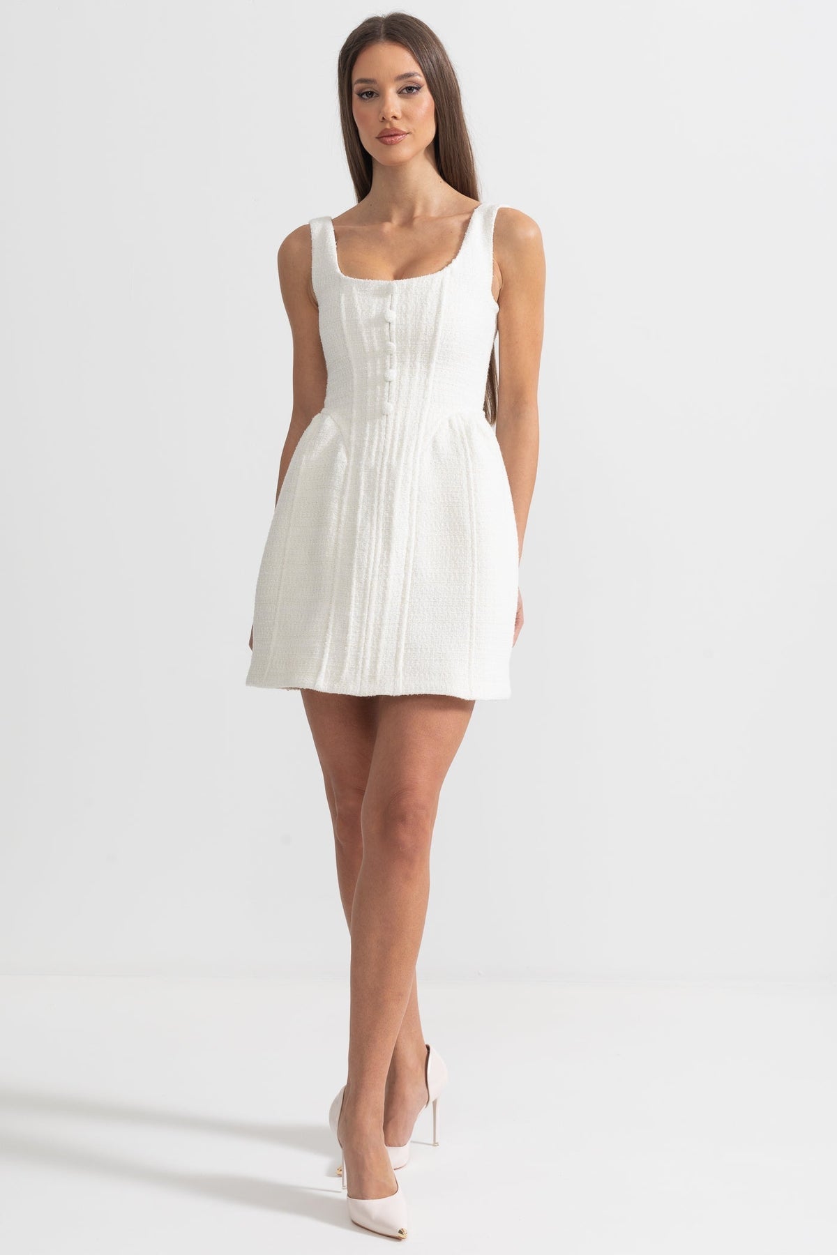 Fitted Bodice ile Dokulu Kolsuz Mini Elbise