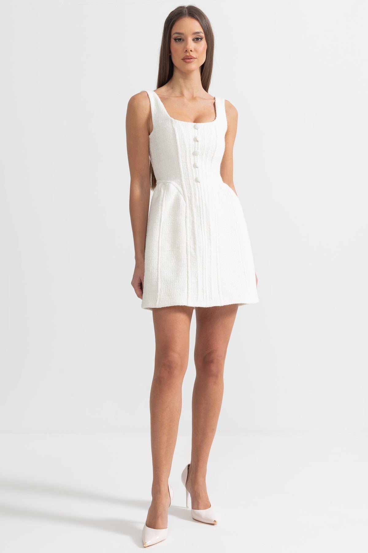 Fitted Bodice ile Dokulu Kolsuz Mini Elbise