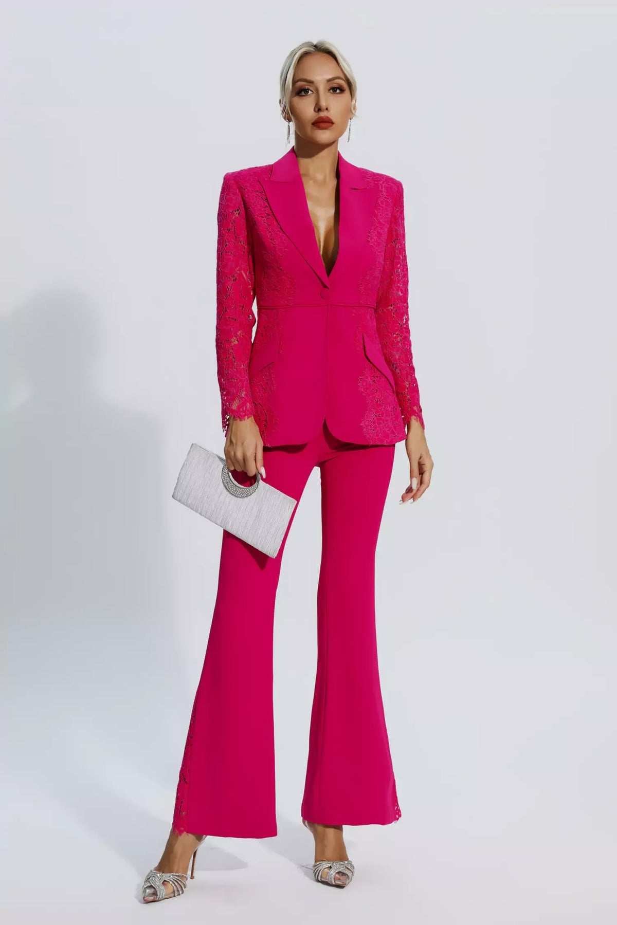 Emory Rose Kırmızı Çiçekli Dantelli Blazer Takım