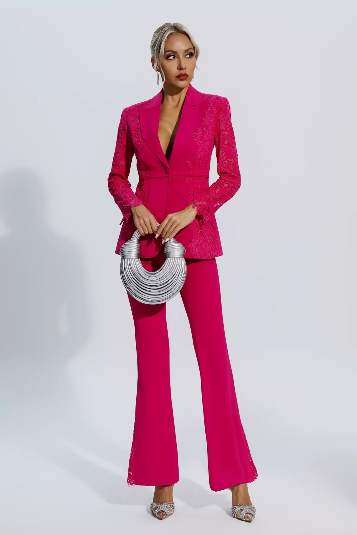Emory Rose Kırmızı Çiçekli Dantelli Blazer Takım