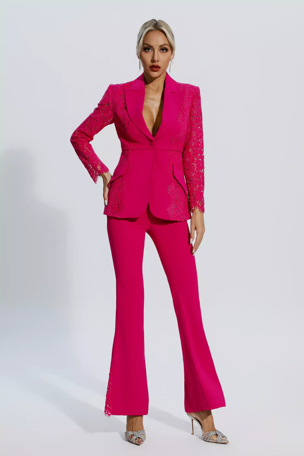 Emory Rose Kırmızı Çiçekli Dantelli Blazer Takım