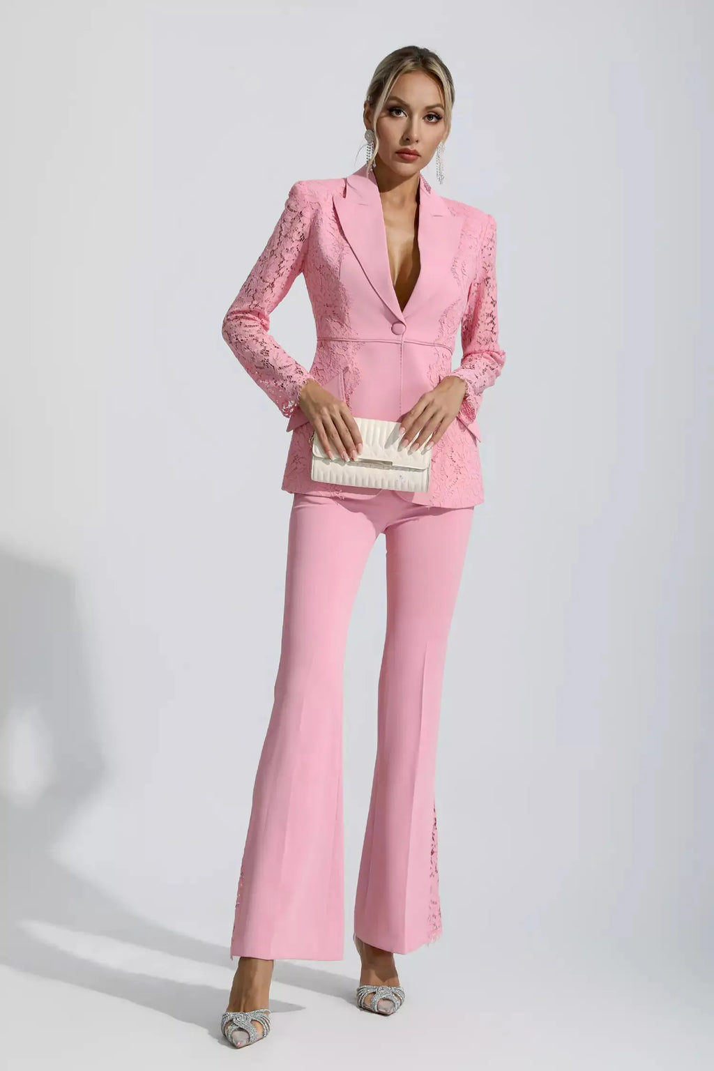 Emory Pembe Çiçekli Dantel Blazer Takım