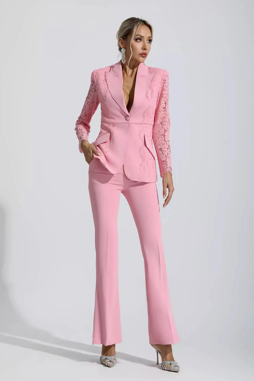 Emory Pembe Çiçekli Dantel Blazer Takım