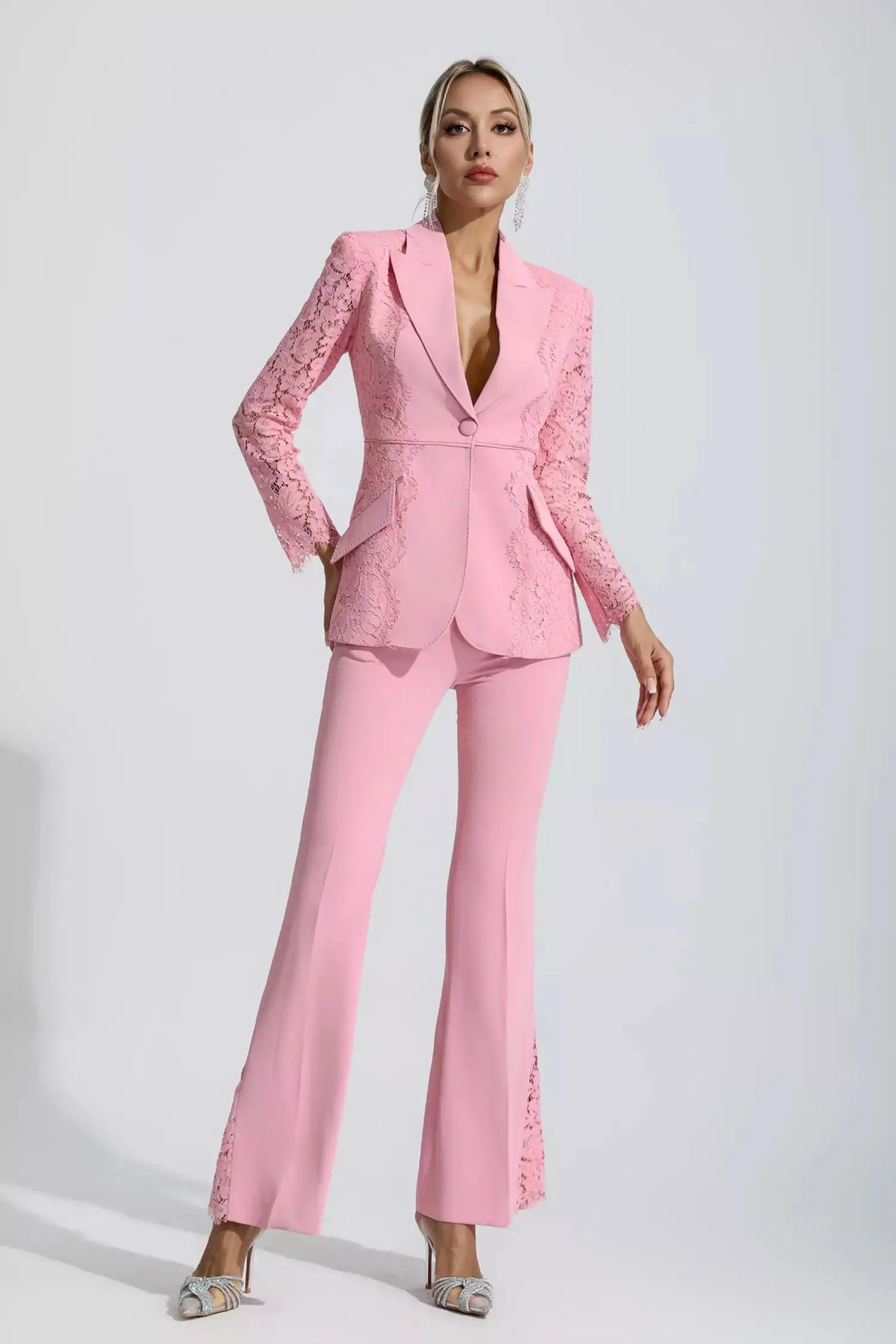 Emory Pembe Çiçekli Dantel Blazer Takım