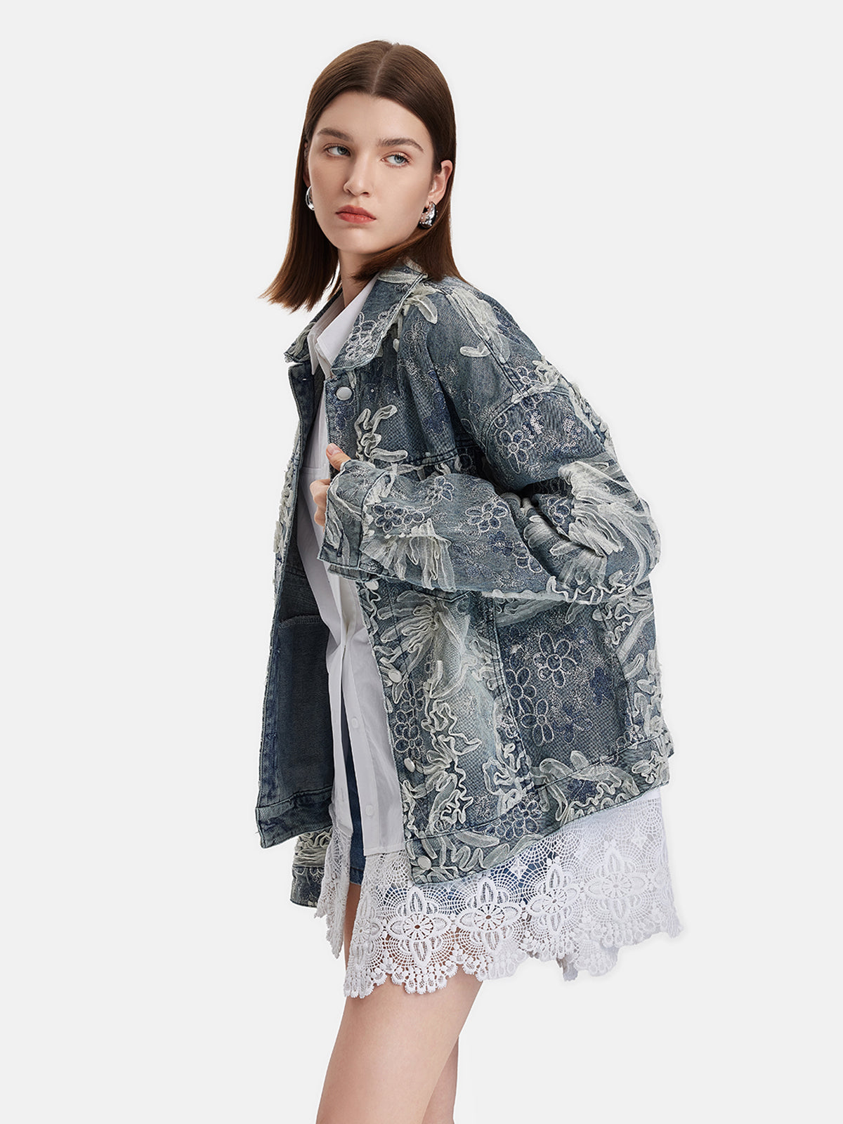 İşlemeli Dantel Boncuklu Denim Ceket