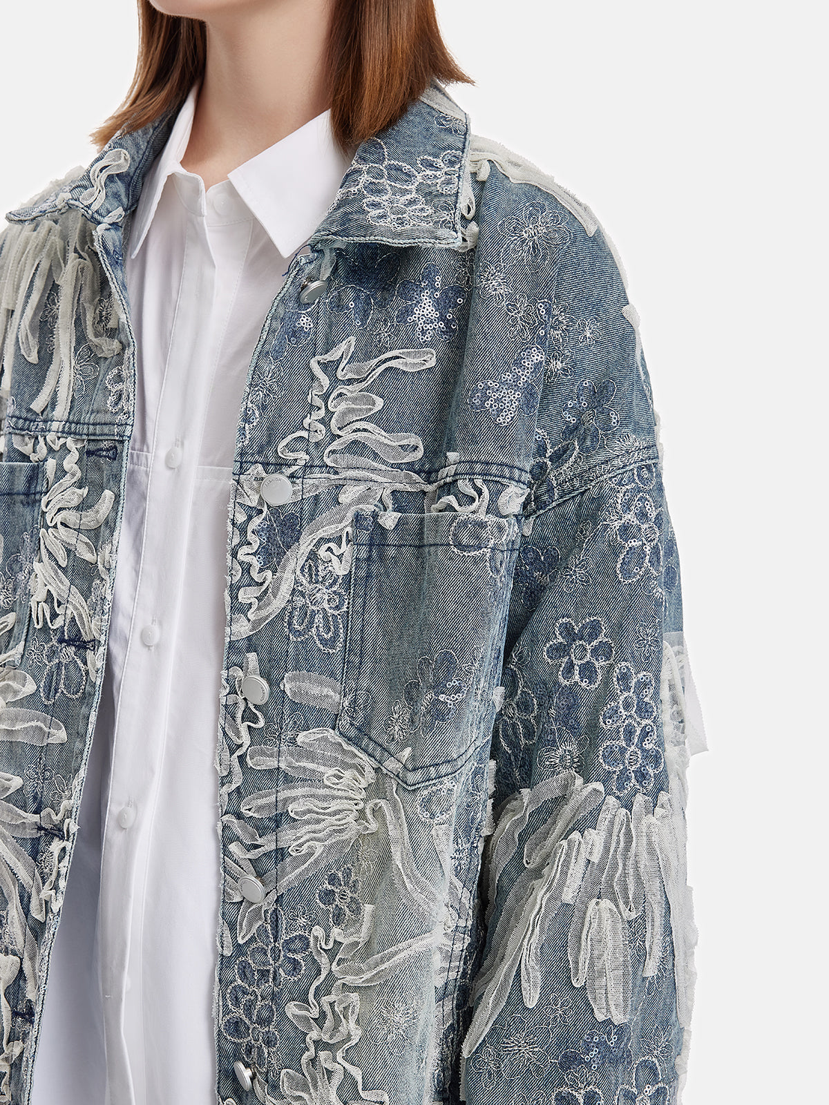 İşlemeli Dantel Boncuklu Denim Ceket