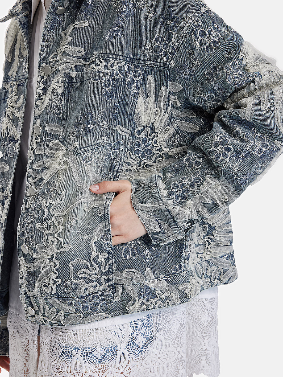 İşlemeli Dantel Boncuklu Denim Ceket