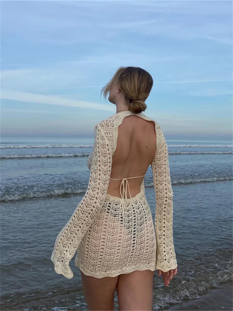 Patchwork Sırtı Açık Mini Elbise