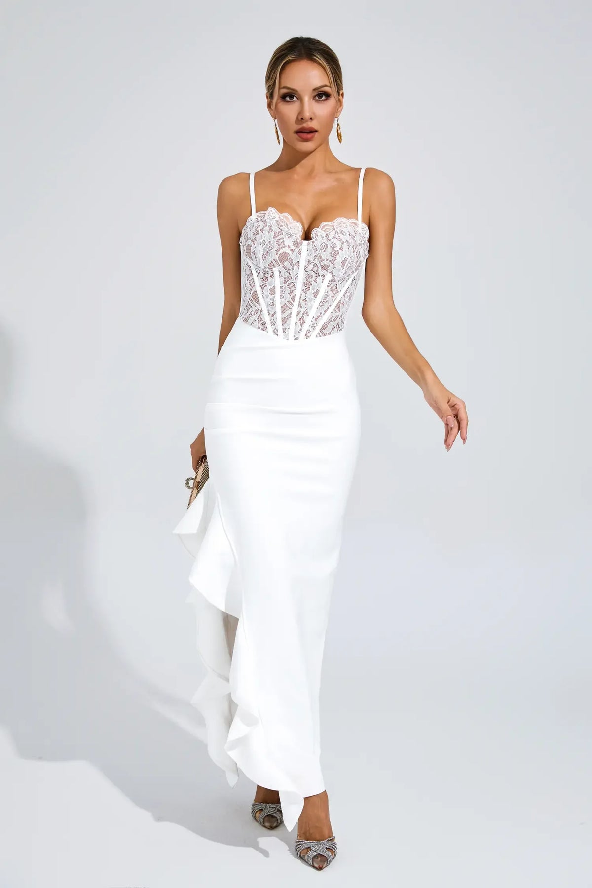 Swift Beyaz Yırtmaçlı Bandaj Slip Maxi Elbise