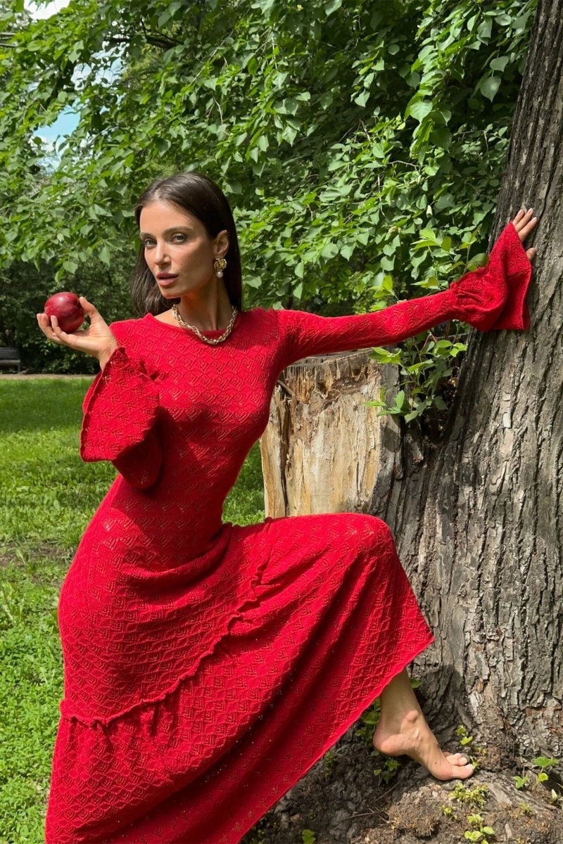 Anna Yuvarlak Yaka Kloş Manşet Örme Maxi Elbise