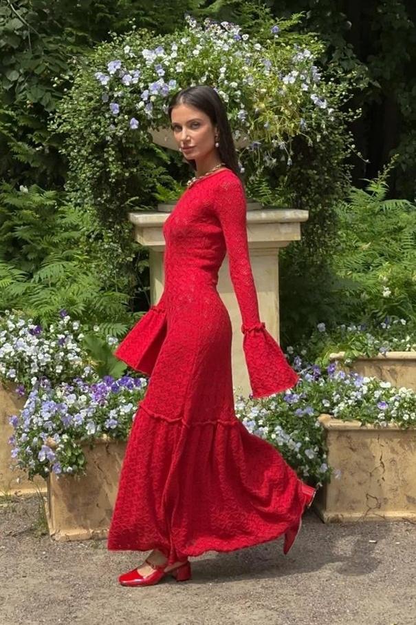 Anna Yuvarlak Yaka Kloş Manşet Örme Maxi Elbise