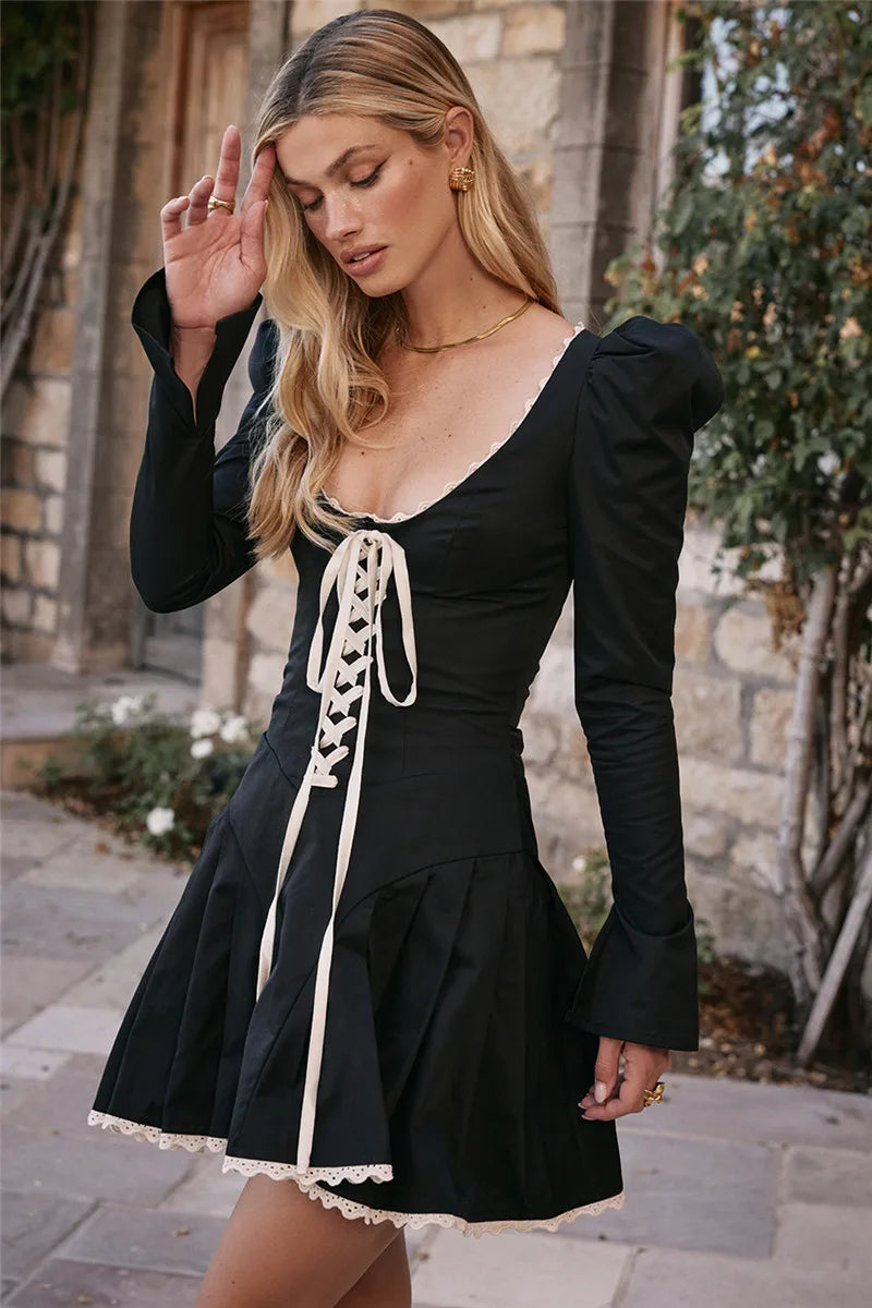 Fransız Model Bağcık Detay Mini Elbise