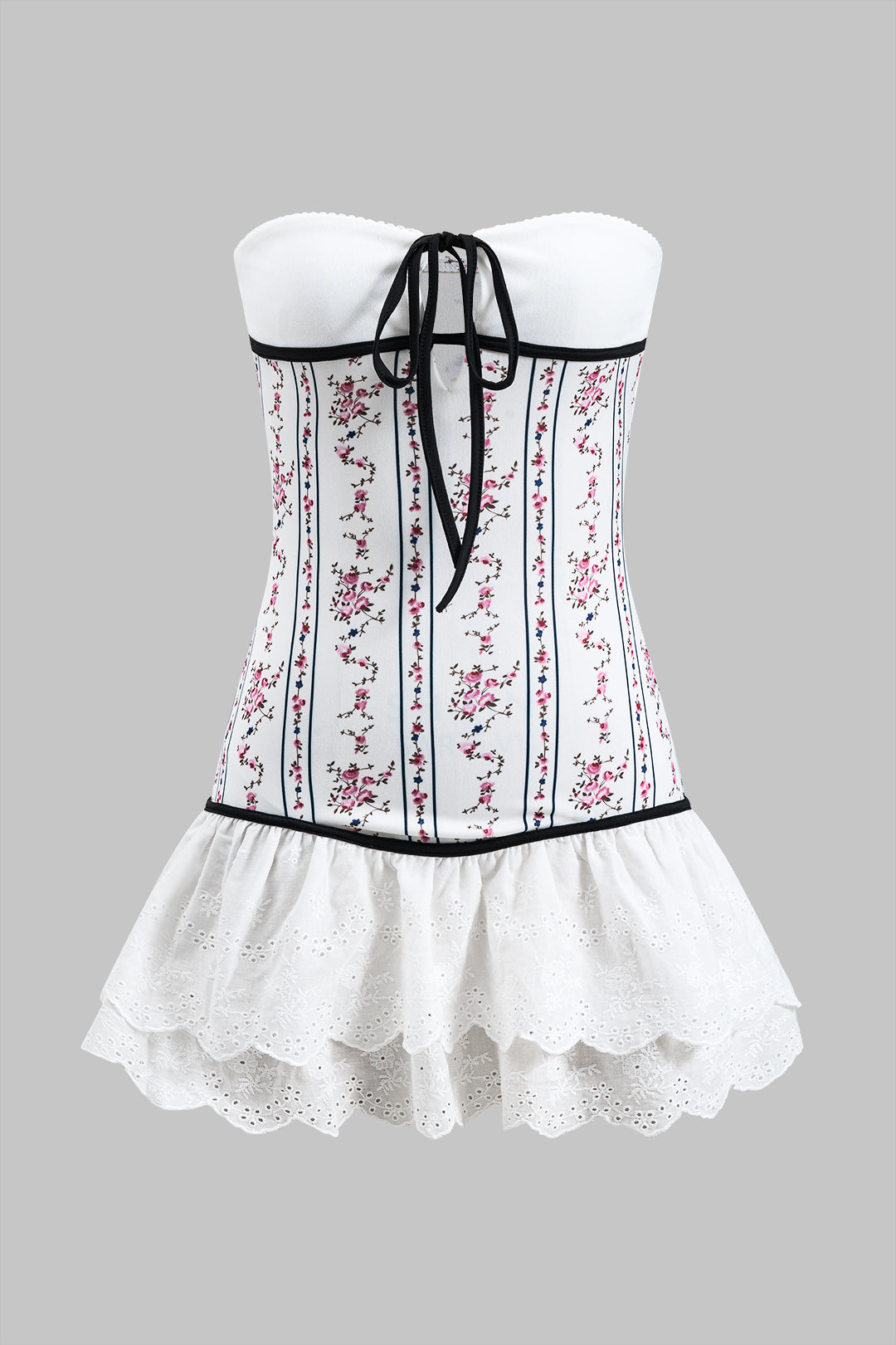 Çiçek Desenli Patchwork Büzgülü Bağcıklı Straplez Mini Elbise