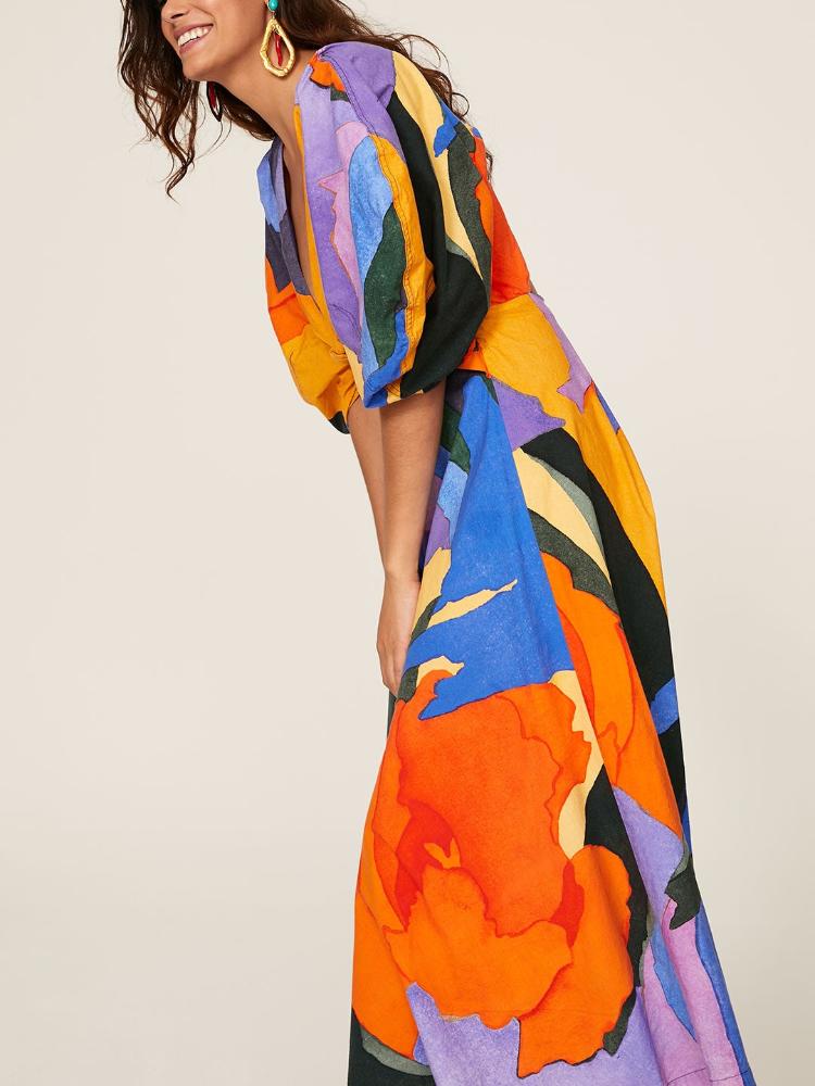 Chaya Baskılı V Yaka Cut-Out Flare Maxi Elbise