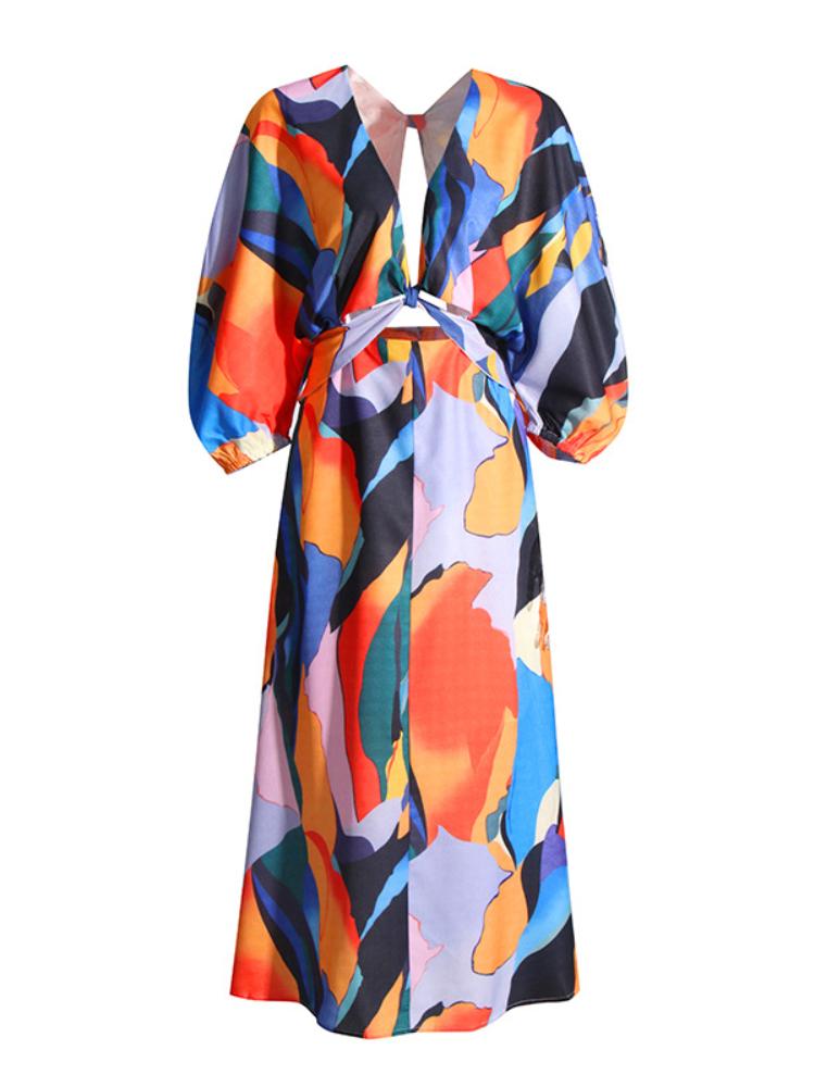 Chaya Baskılı V Yaka Cut-Out Flare Maxi Elbise