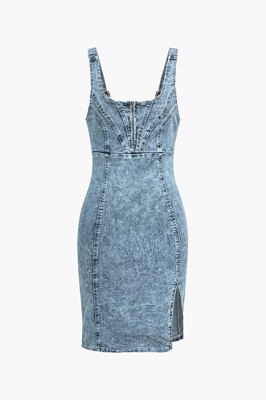 Denim Yırtmaçlı Fermuar Tank Mini Elbise
