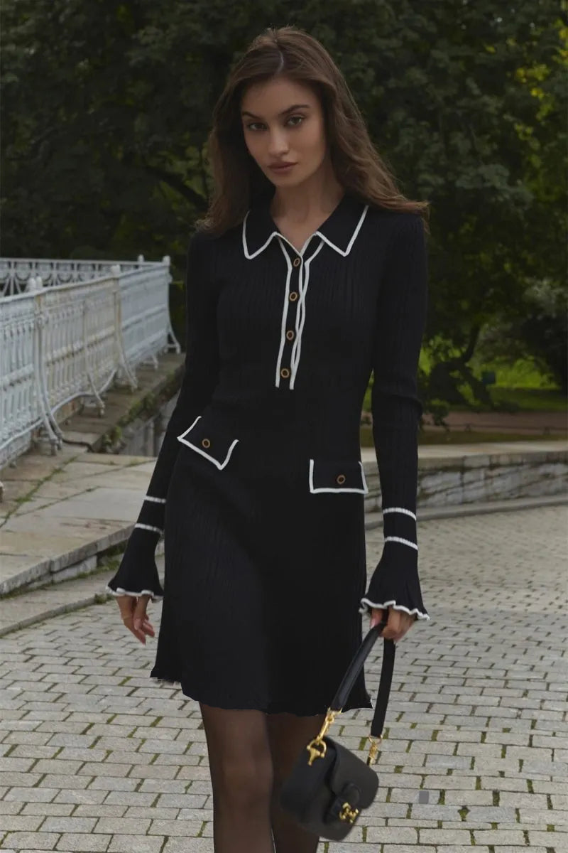 Louise Kontrast Fırfırlı Triko Mini Elbise