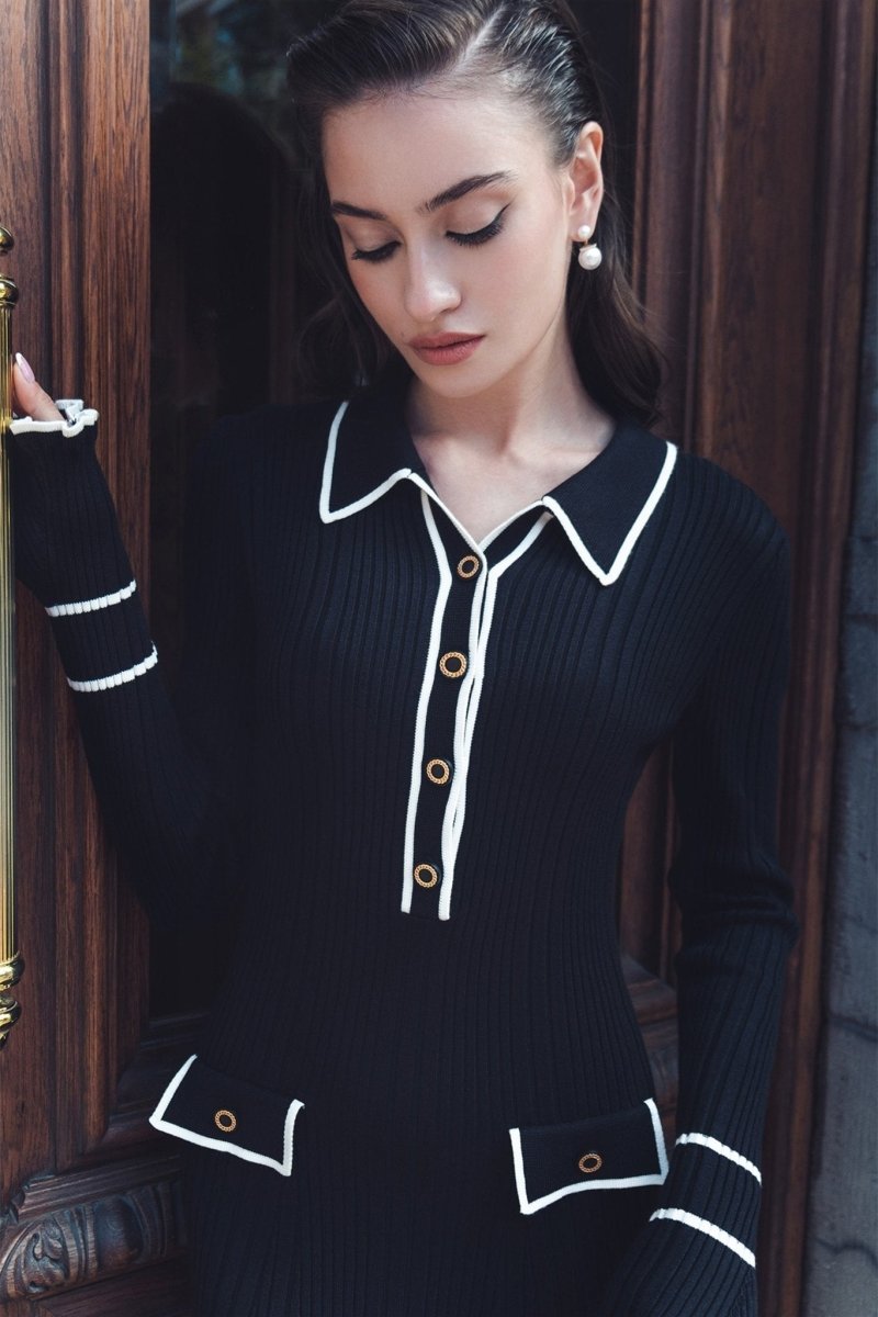 Novia Kontrast Fırfırlı Triko Uzun Elbise