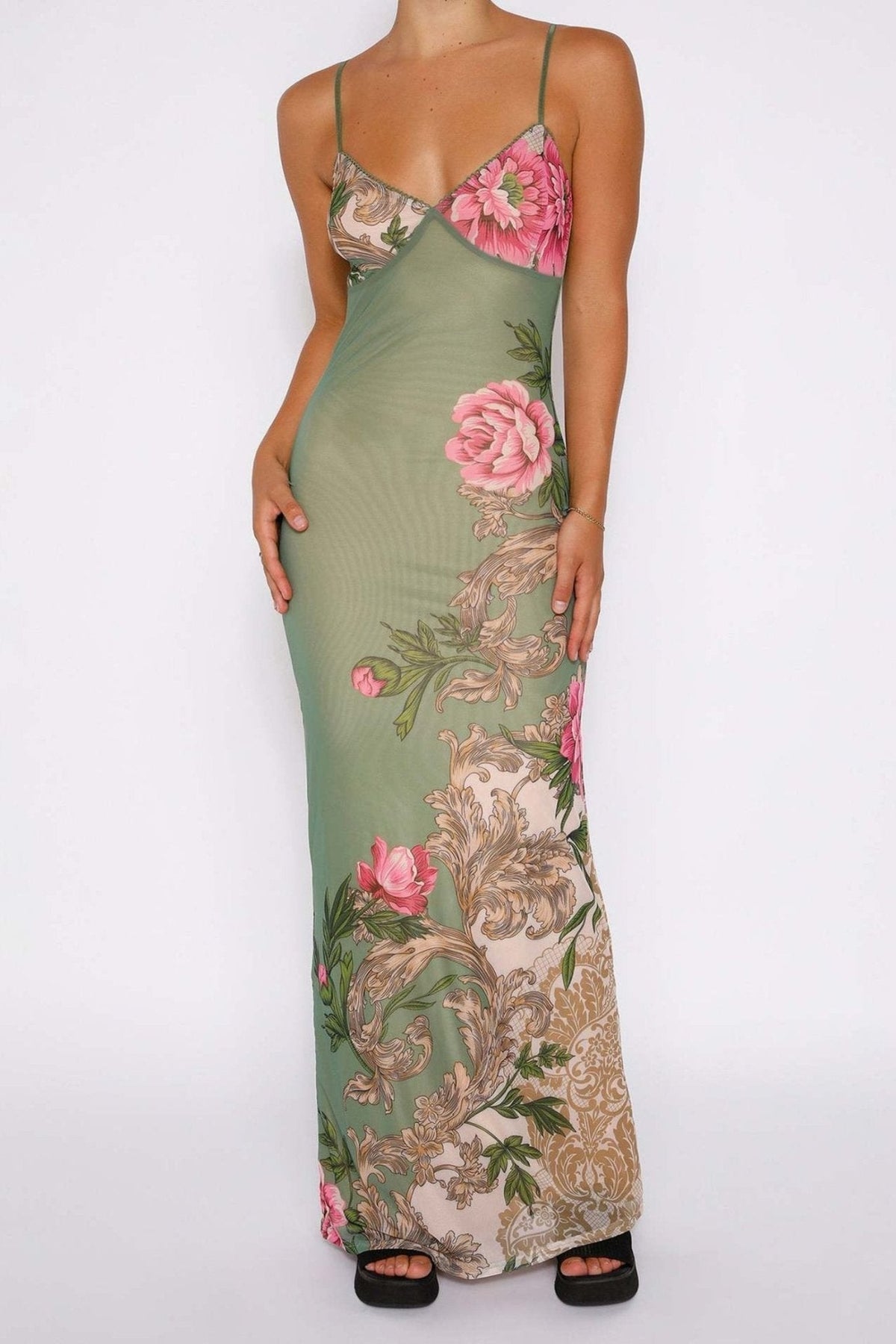 Patti Baskılı Bodycon Slip Maxi Elbise