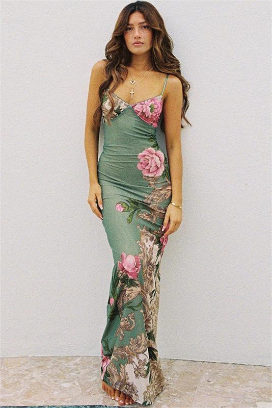 Patti Baskılı Bodycon Slip Maxi Elbise