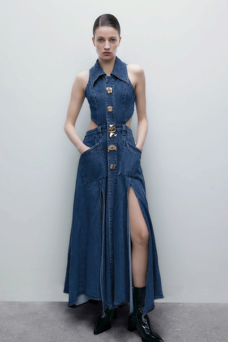 Regina Yaka Yaka Cut-Out Denim Maxi Elbise