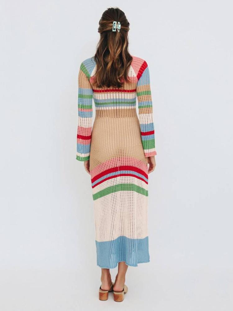 Ruth Tığ İşi Şerit Colorblock Maxi Elbise
