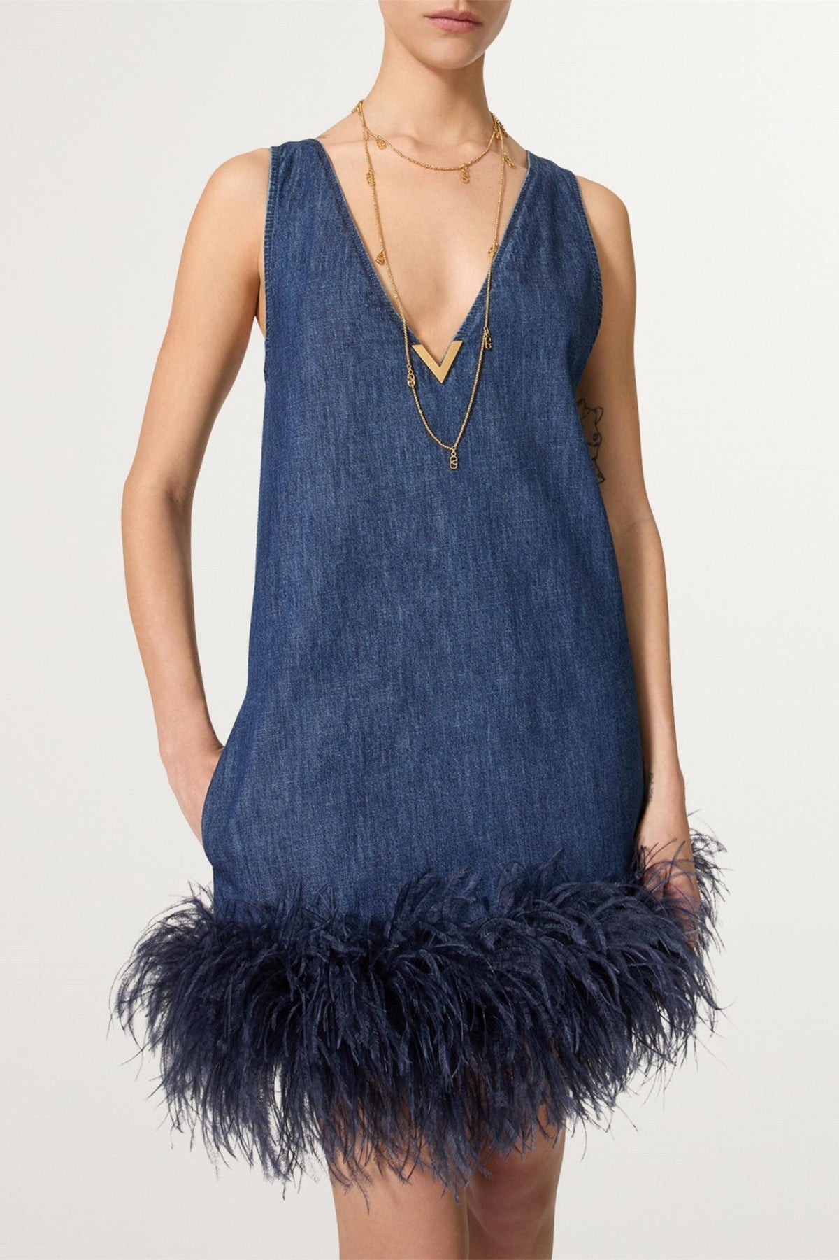 Tüy Detaylı Denim Mini Elbise Takım