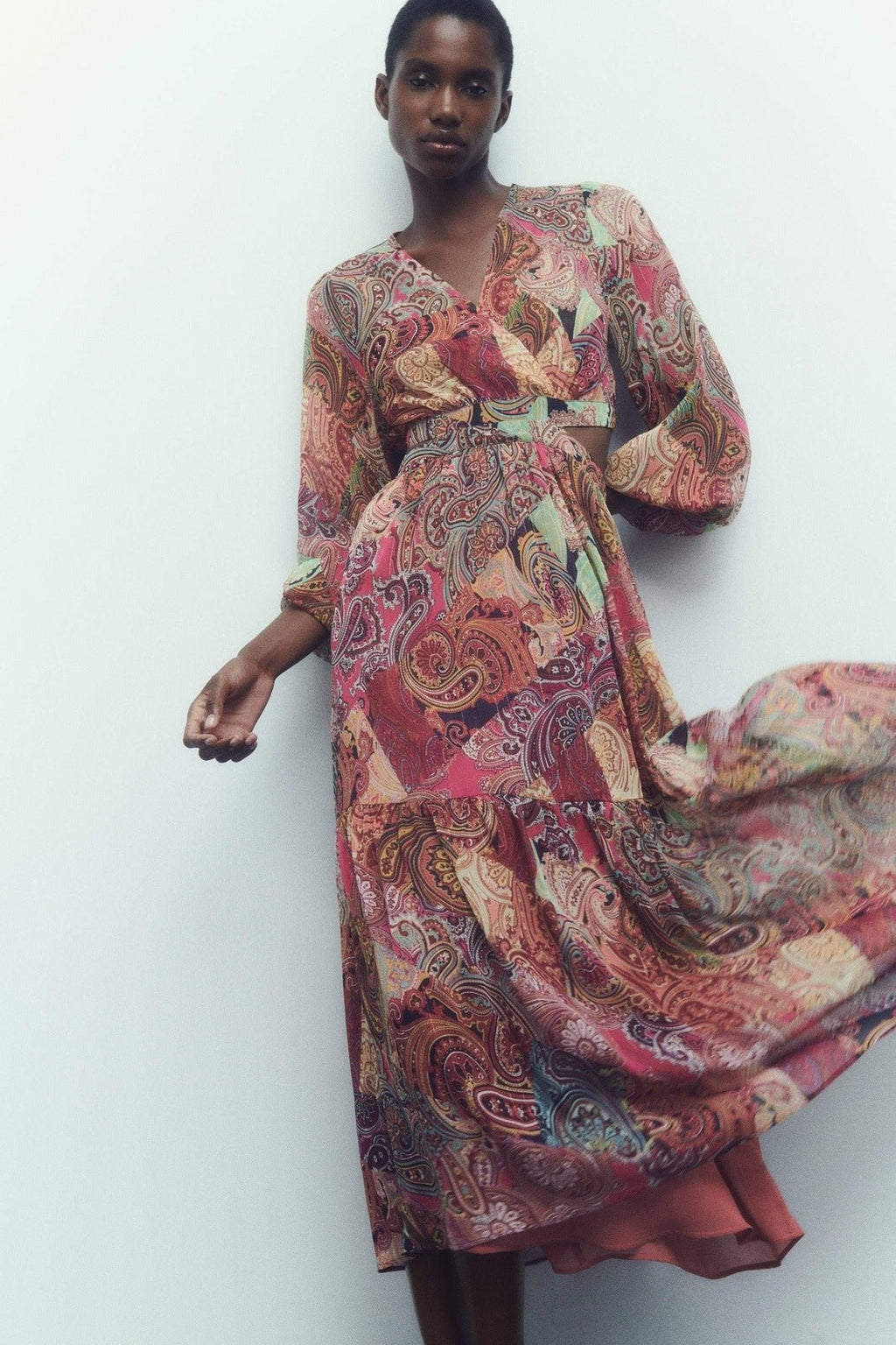 Valerie Baskılı Cut-Out Flare Maxi Elbise