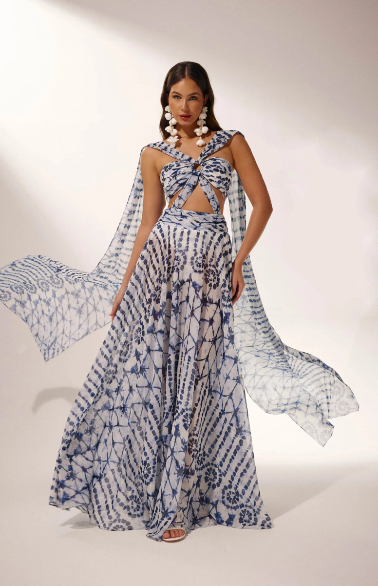 Virginia Baskılı Cut-Out Maxi Elbise