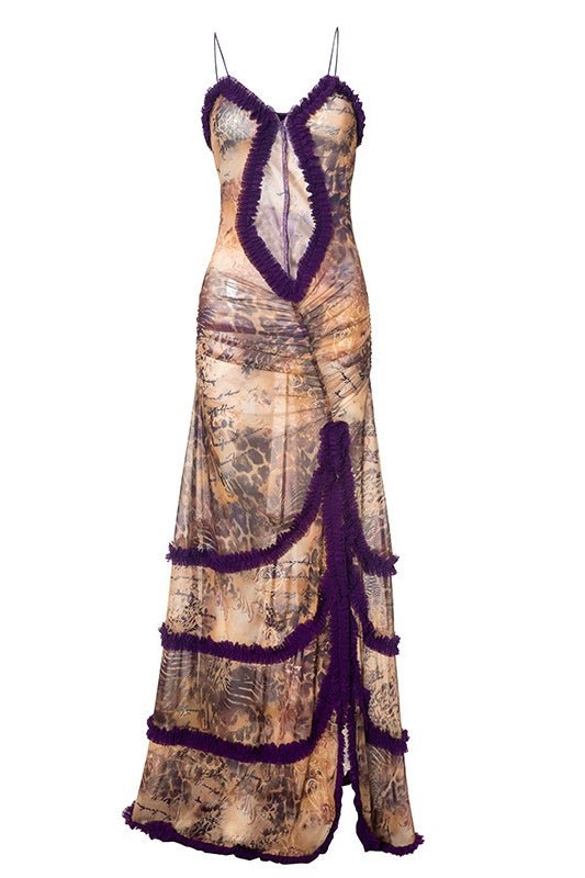 Yuri Baskılı Cut-Out Fırfırlı Slip Maxi Elbise